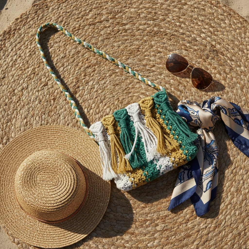 FLO's Forest Glow handwoven crochet sling bag in green mustard and ivory with braided strap and tassel fringe