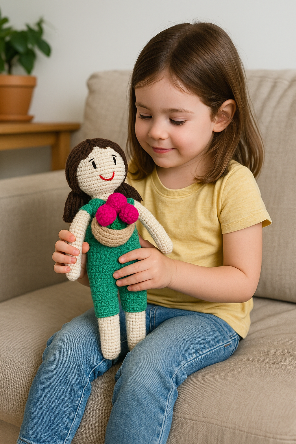 Farmhouse Charm – Girl in Overalls Crochet Toy