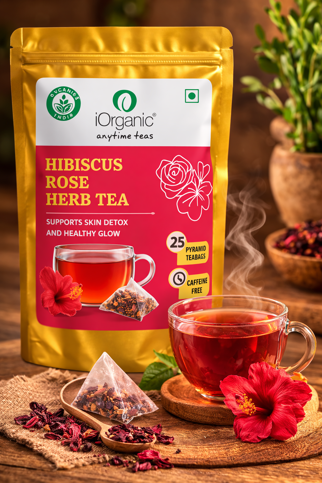 Hibiscus Rose Herbal Tea tea bags with floral herbal blend for a bright tangy wellness tea, served hot or iced