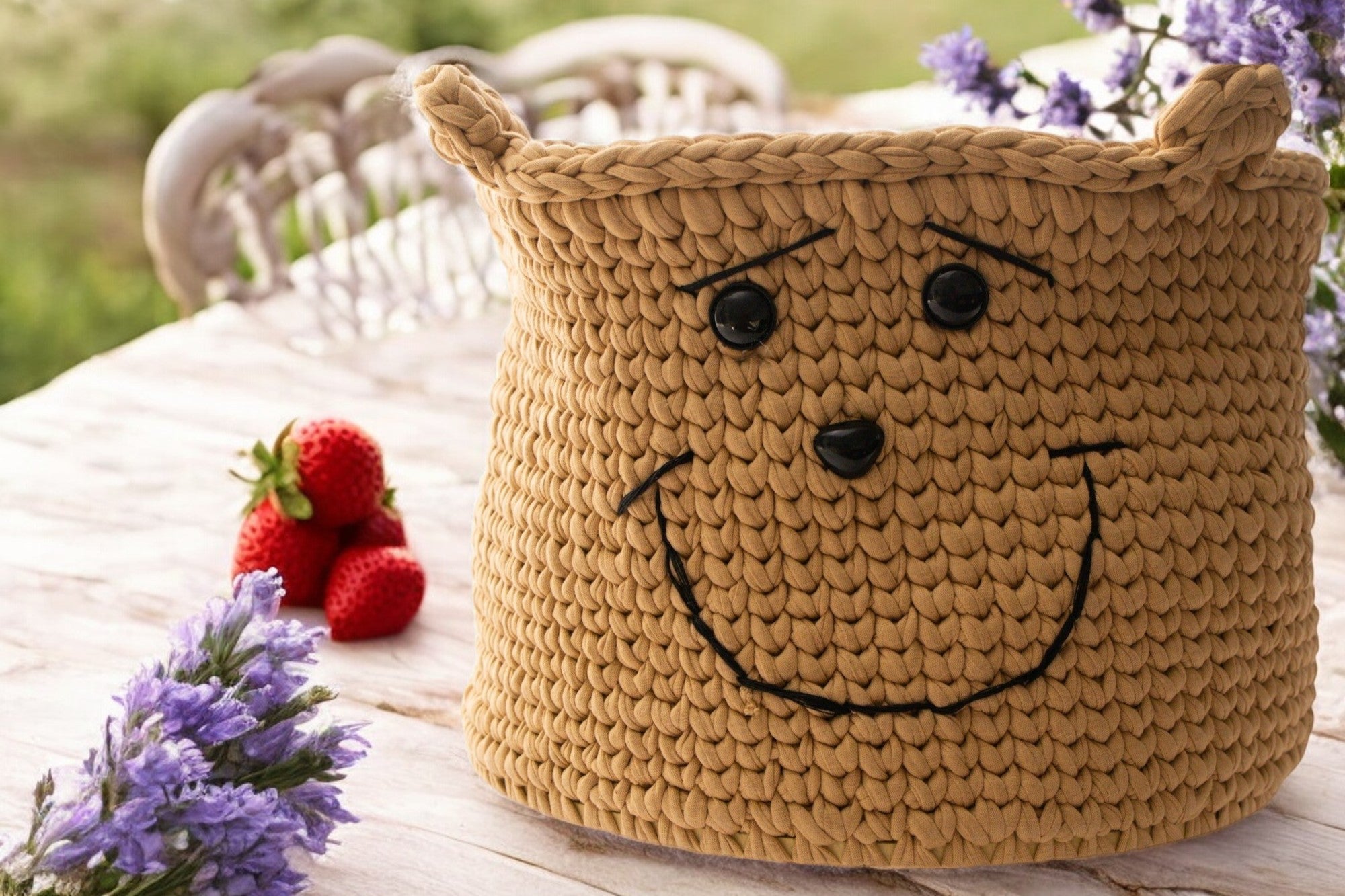Smiley Bear Crochet Storage Basket