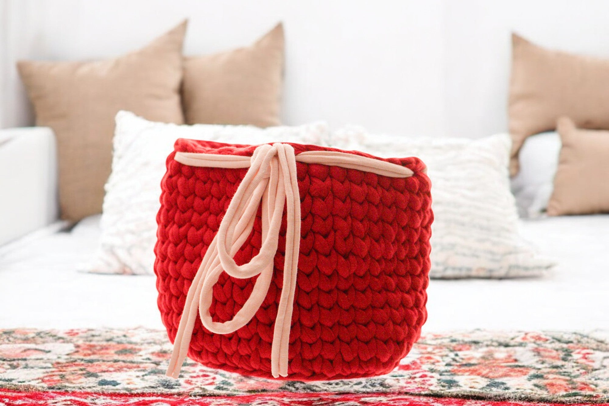 Handmade Crochet Storage Baskets with Drawstring Accent