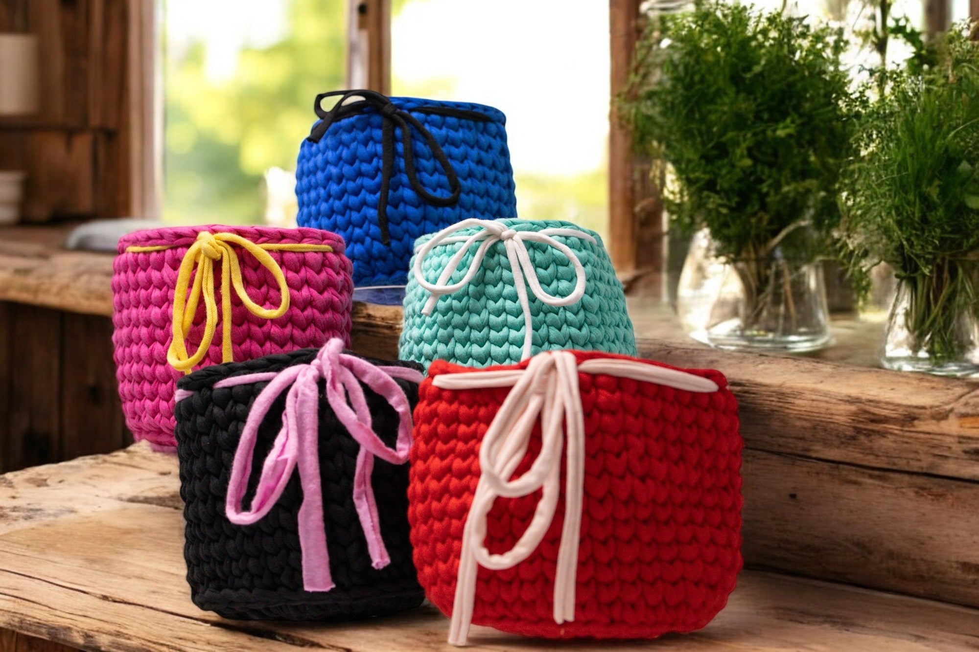 Handmade Crochet Storage Baskets with Drawstring Accent