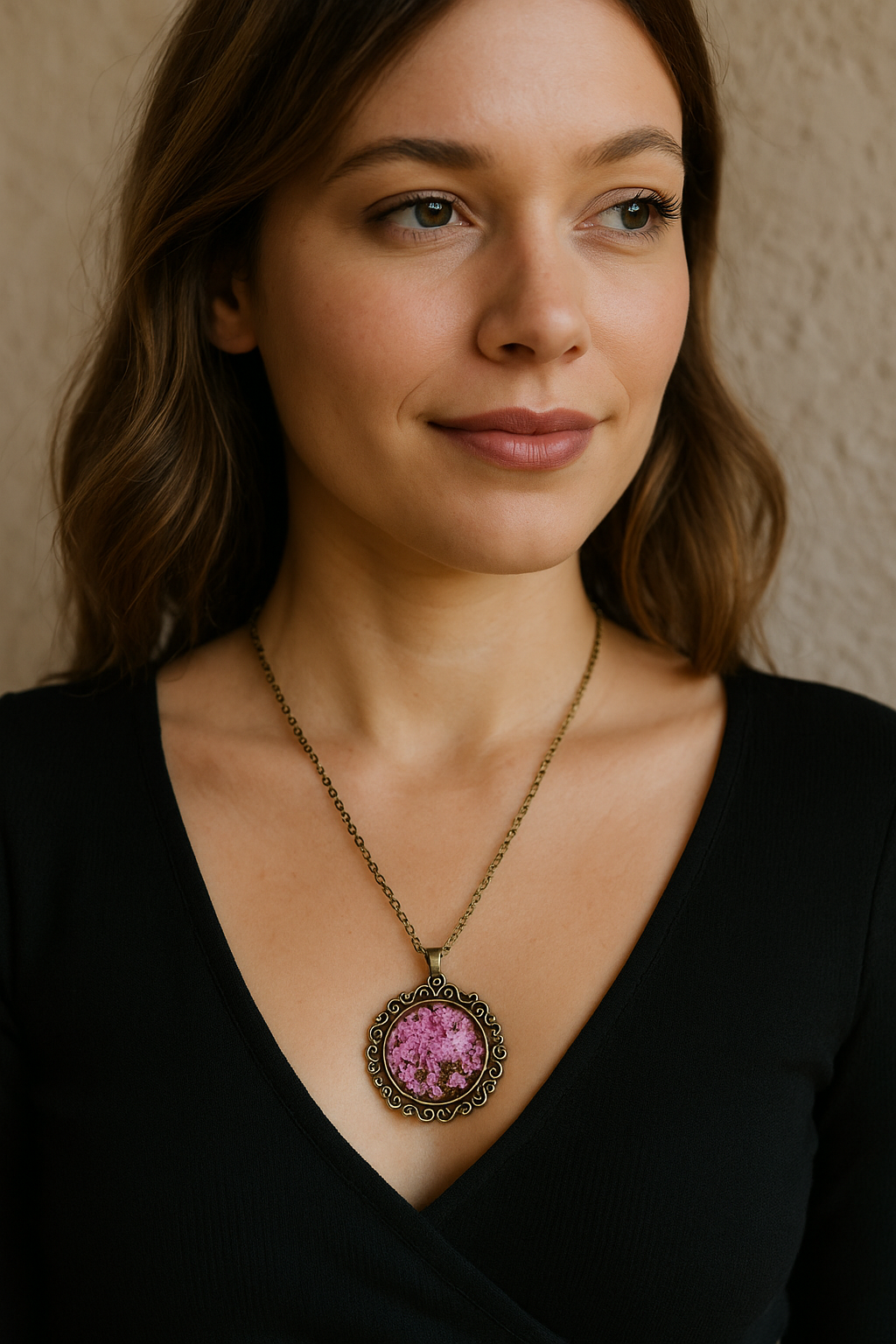 FLO's Vintage Women's Rounded Bronze Pendant Necklace with Natural Dried Flower