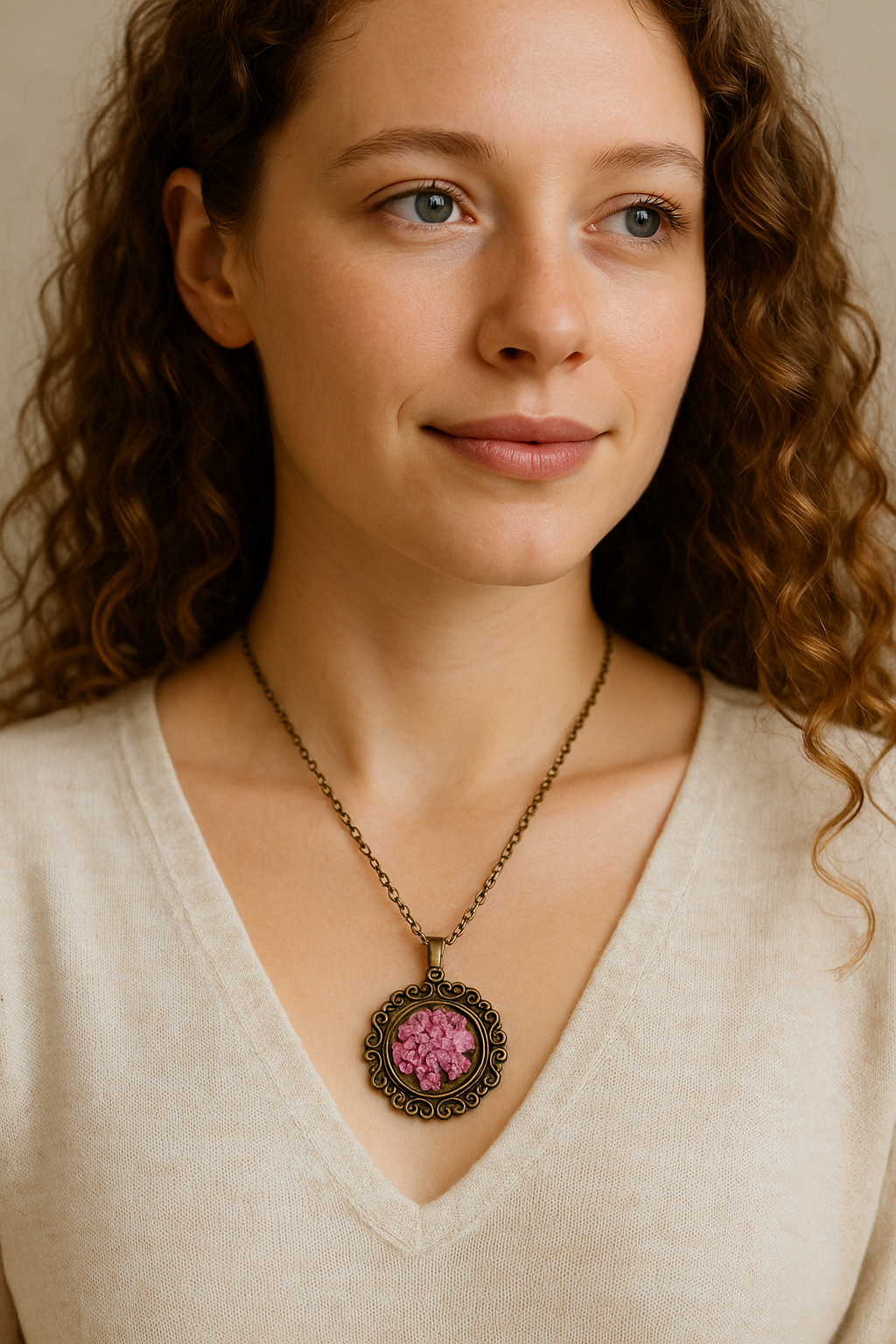 FLO's Vintage Women's Rounded Bronze Pendant Necklace with Natural Dried Flower