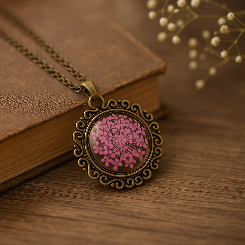 FLO's Vintage Women's Rounded Bronze Pendant Necklace with Natural Dried Flower