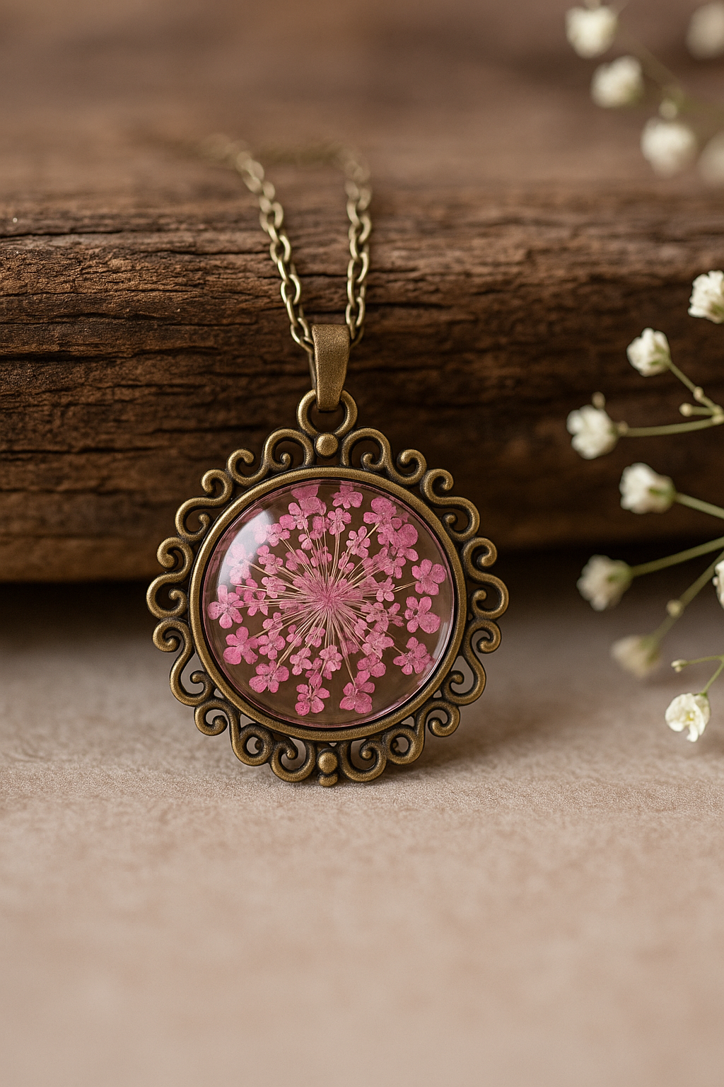 FLO's Vintage Women's Rounded Bronze Pendant Necklace with Natural Dried Flower
