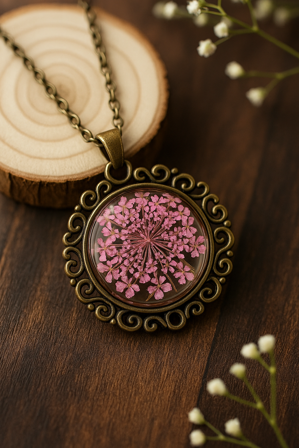 FLO's Vintage Women's Rounded Bronze Pendant Necklace with Natural Dried Flower