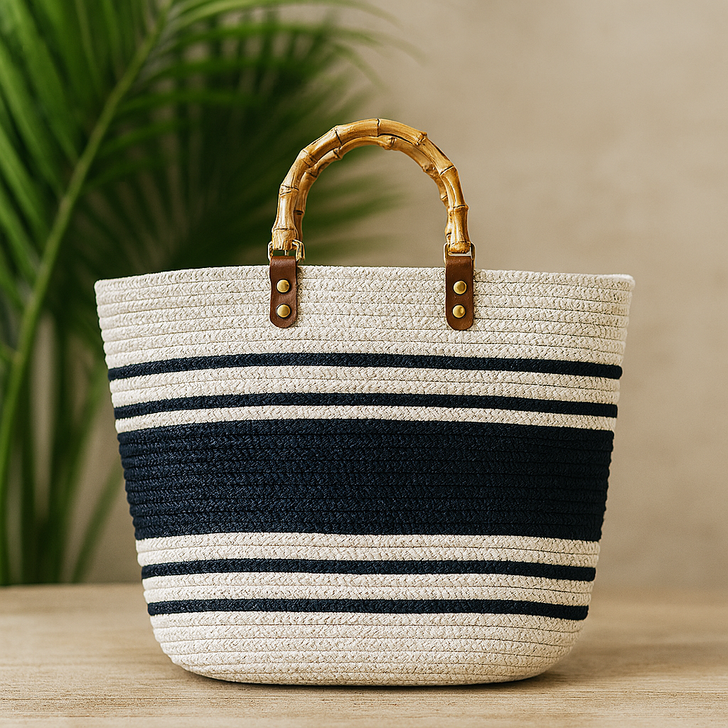 FLO's Nautical Striped Crochet Tote – Bamboo Handle Edition