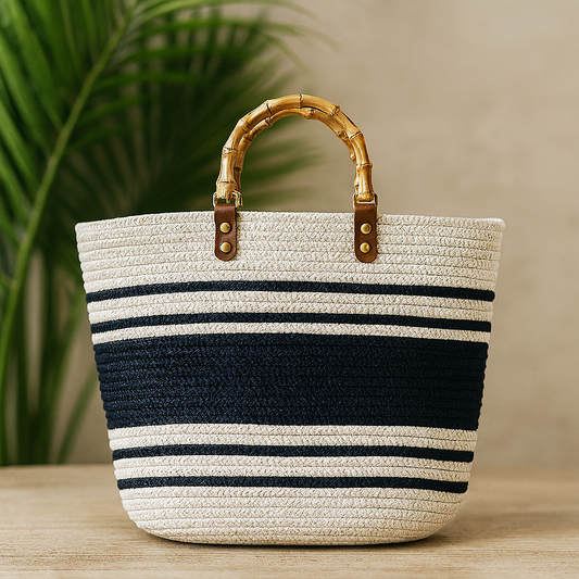 FLO's Nautical Striped Crochet Tote – Bamboo Handle Edition