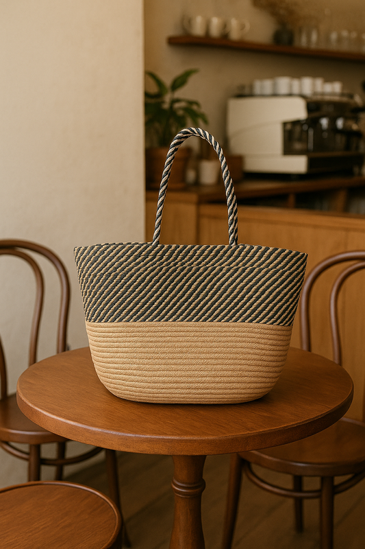 FLO's Desert Sands Two-Tone Tote crochet bag with charcoal and sand weave, beige base, and braided dual-colour handles