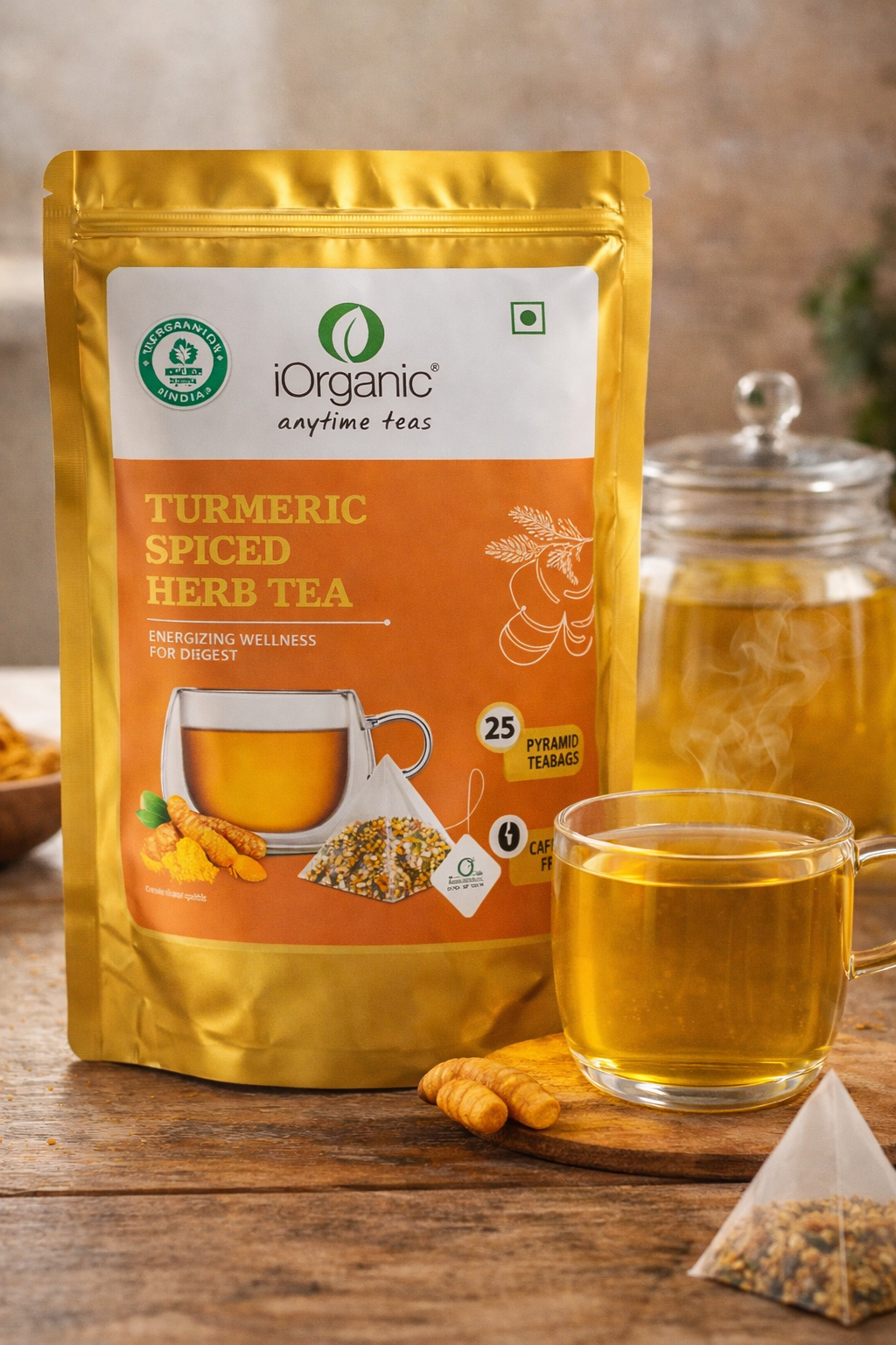 Turmeric Spiced Herbal Tea bags with turmeric, ginger, cinnamon, cardamom and lemongrass herbal blend