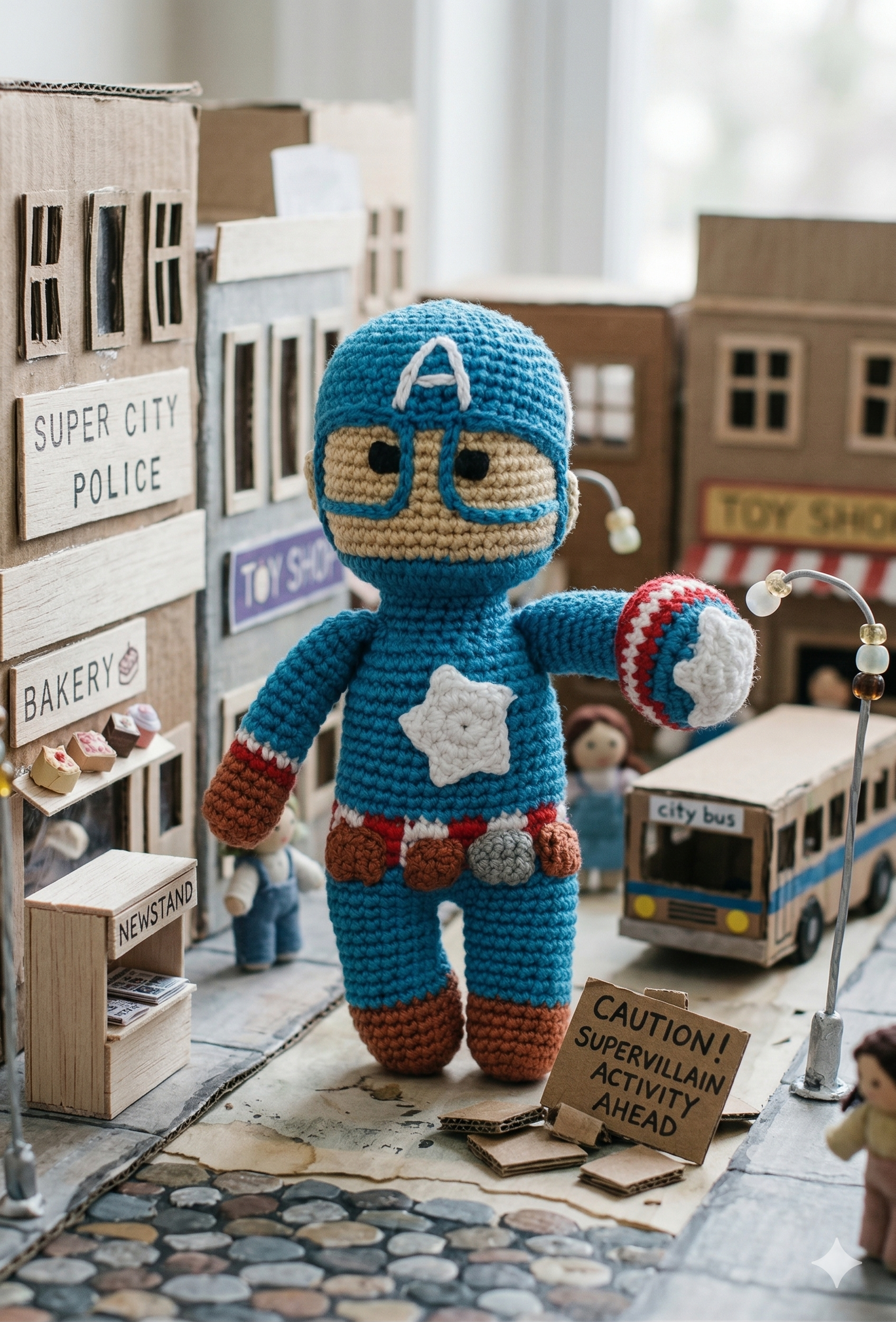 The Brave Captain Amigurumi crochet toy with shield, star emblem and A helmet, handmade in cotton-blend yarn