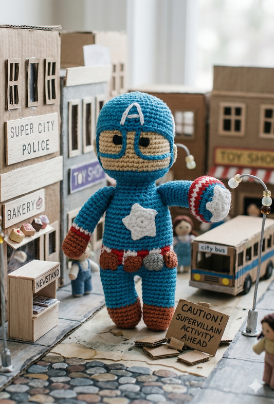 The Brave Captain Amigurumi crochet toy with shield, star emblem and A helmet, handmade in cotton-blend yarn