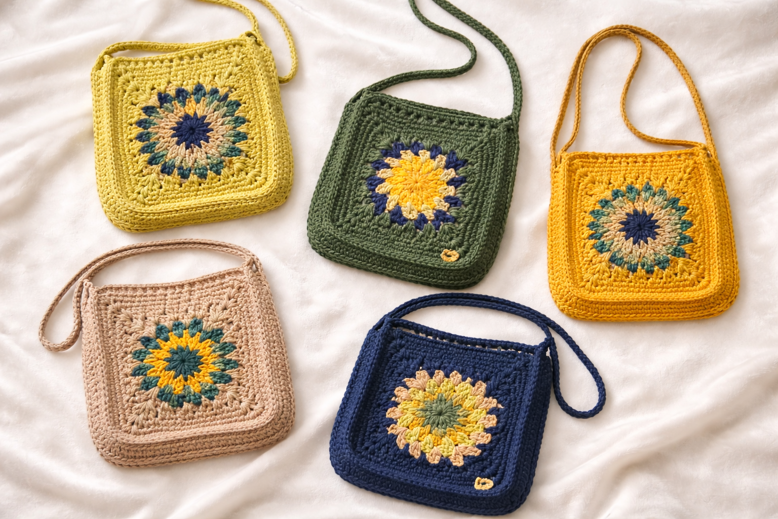 FLO's Meadow Bloom crochet sling bag in navy cotton with sunflower pattern and single braided shoulder strap
