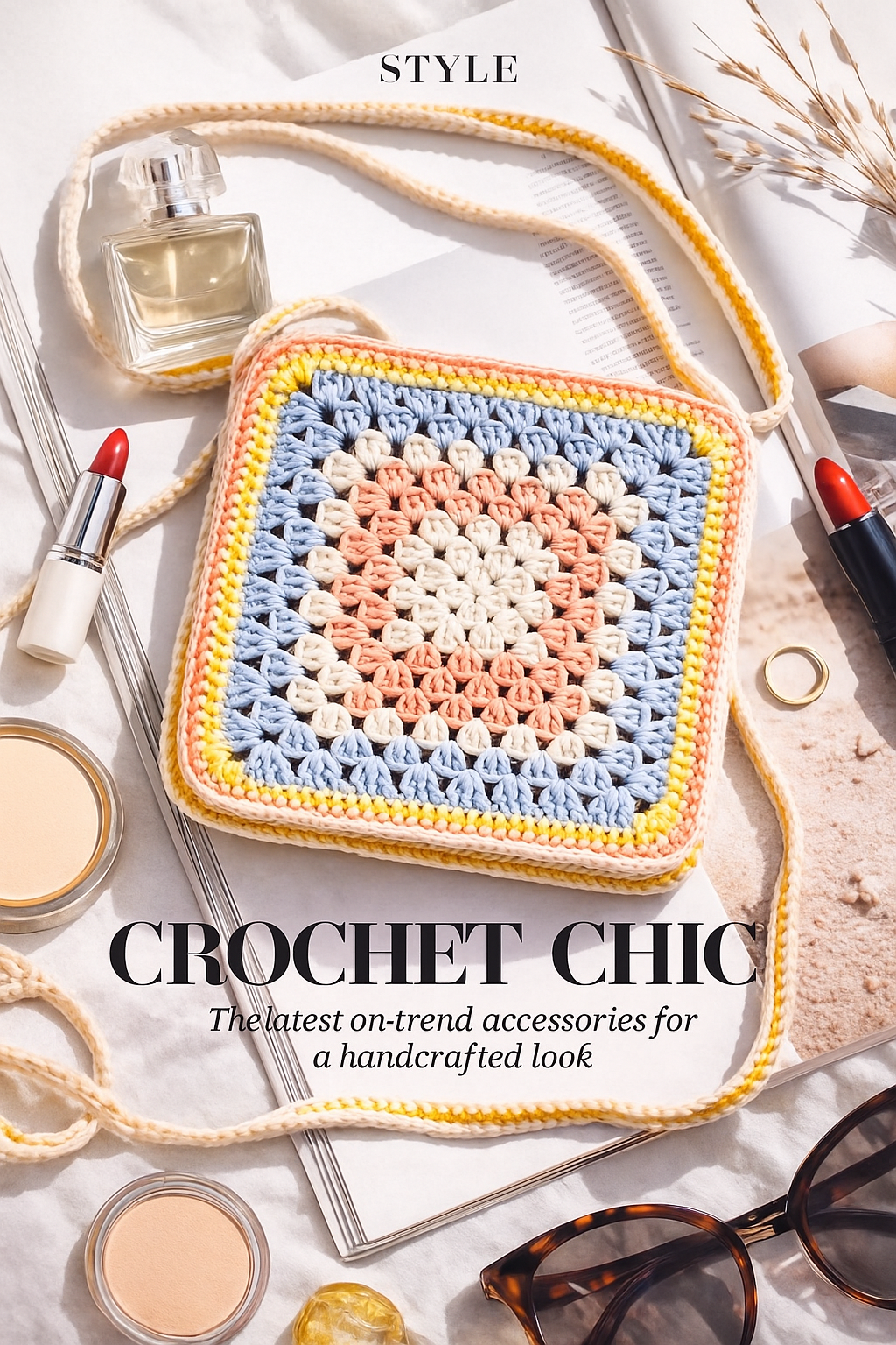 FLO's Sunrise Bloom Crochet Crossbody handmade cotton granny-square bag in peach blue cream and yellow with braided strap