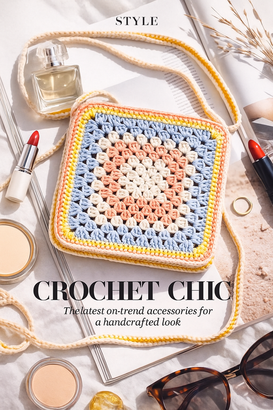 FLO's Sunrise Bloom Crochet Crossbody handmade cotton granny-square bag in peach blue cream and yellow with braided strap