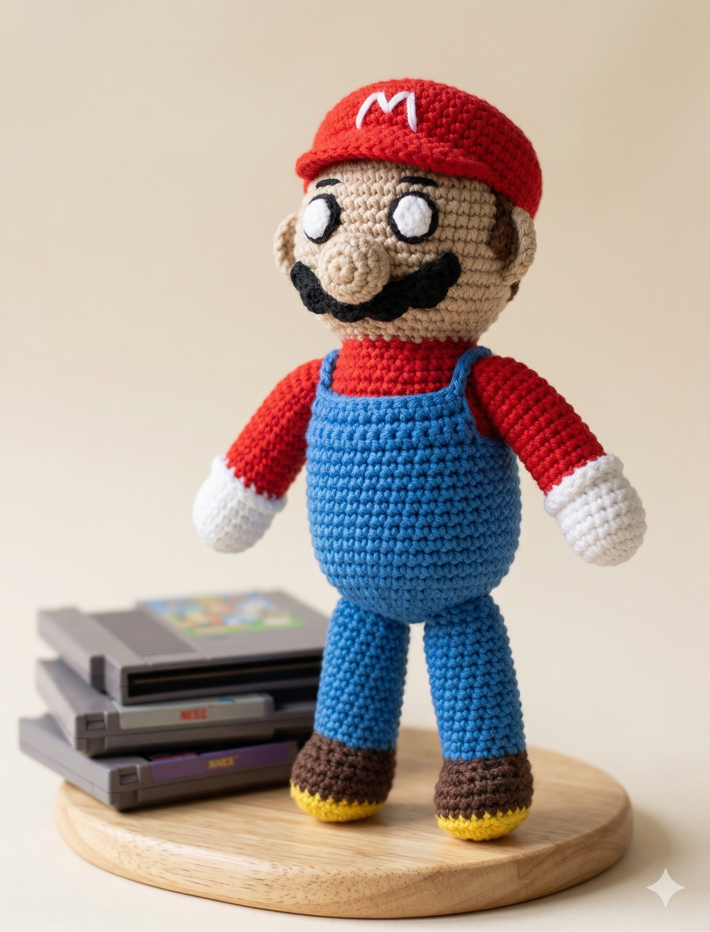 The Retro Plumber Amigurumi crochet toy with red cap, blue overalls, mustache, and yellow-tipped shoes