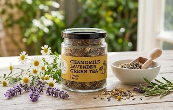 Chamomile Lavender Green Tea loose leaf blend with green tea, chamomile flowers and lavender buds