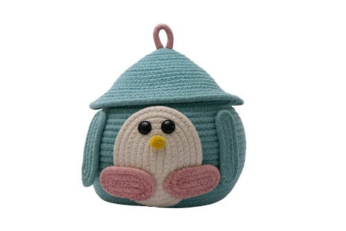 Penguin-Themed Woven Storage Basket with Lid