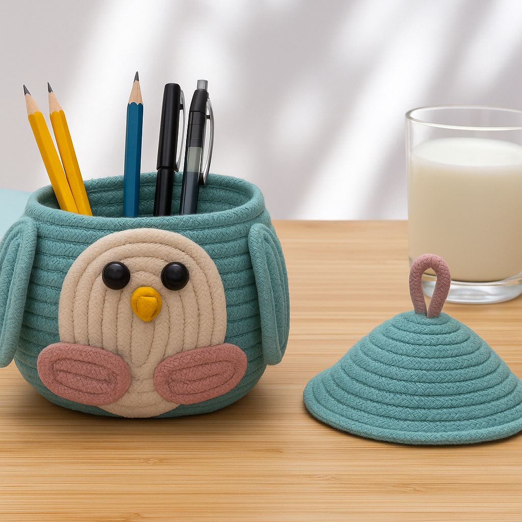 Penguin-Themed Woven Storage Basket with Lid