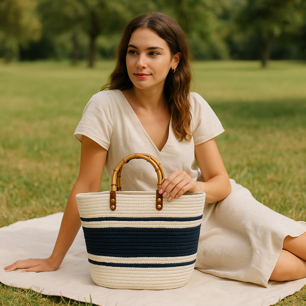FLO's Nautical Striped Crochet Tote – Bamboo Handle Edition
