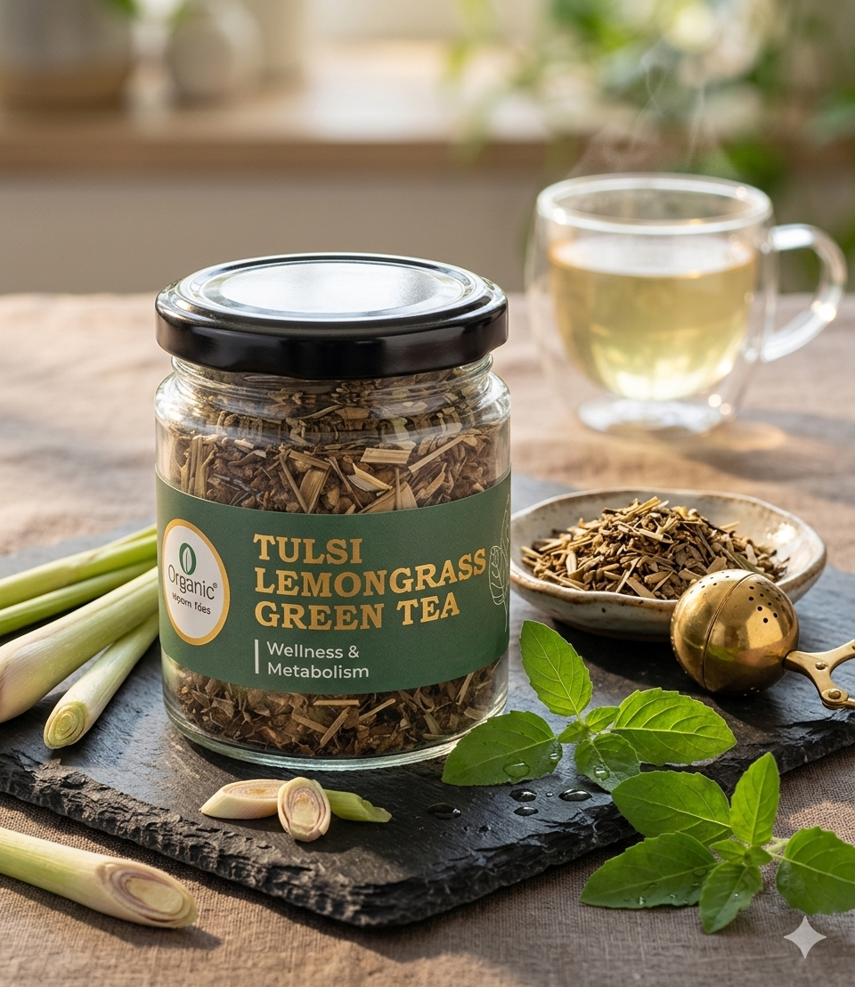 Tulsi Lemongrass Green Tea loose leaf blend with green tea, holy basil, and lemongrass in gift box or tin