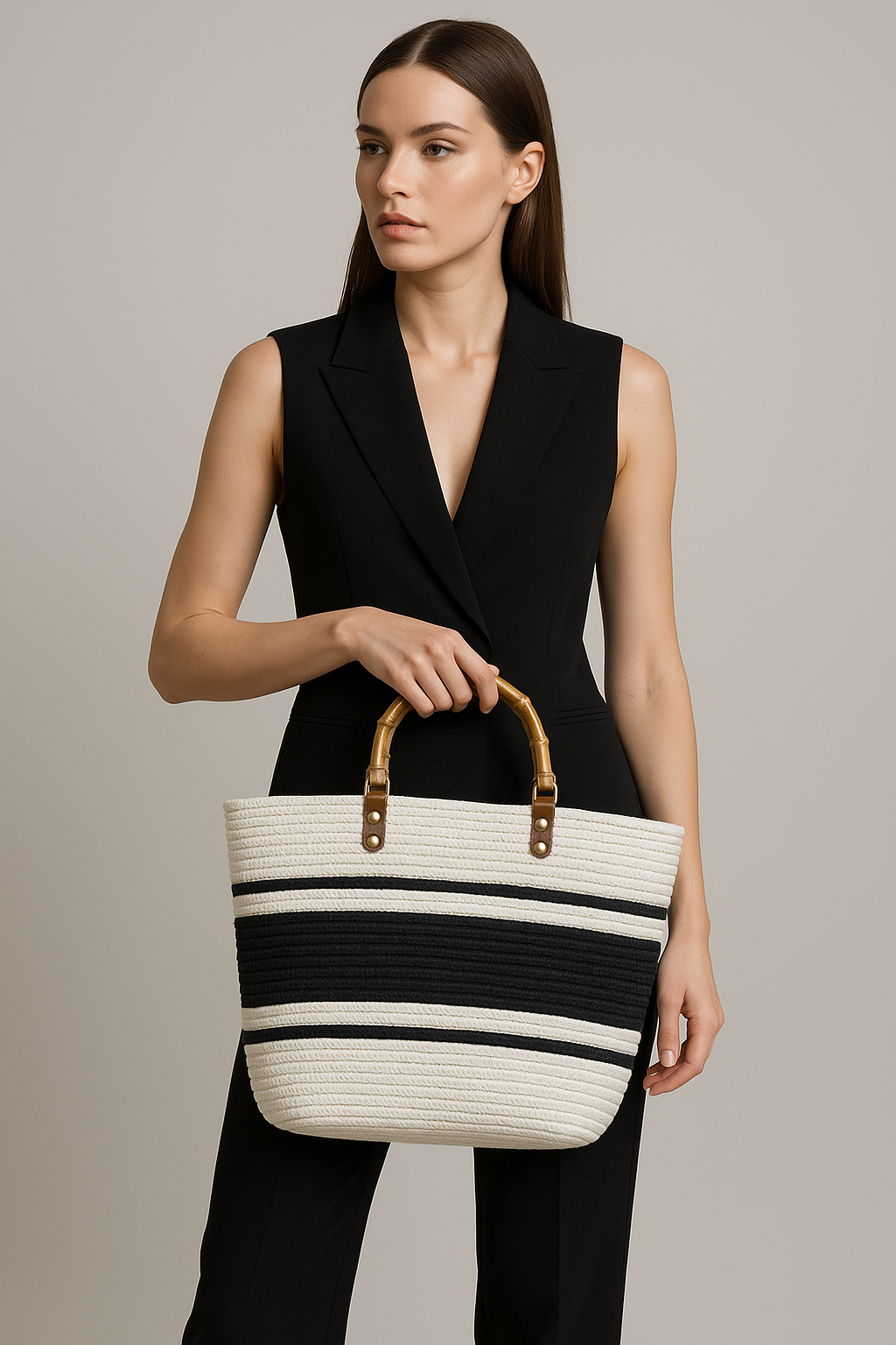 FLO's Nautical Striped Crochet Tote – Bamboo Handle Edition