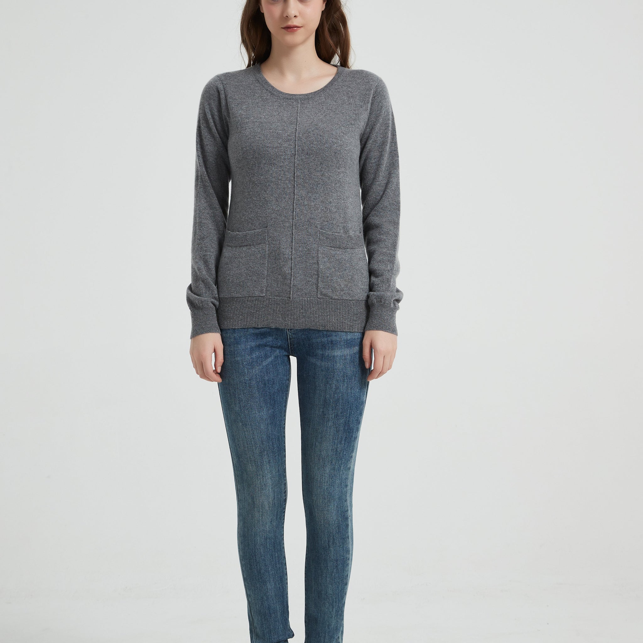 Women's Grade-A Cashmere Crewneck Sweater with Pockets