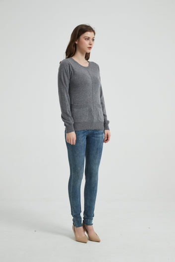 Women's Grade-A Cashmere Crewneck Sweater with Pockets