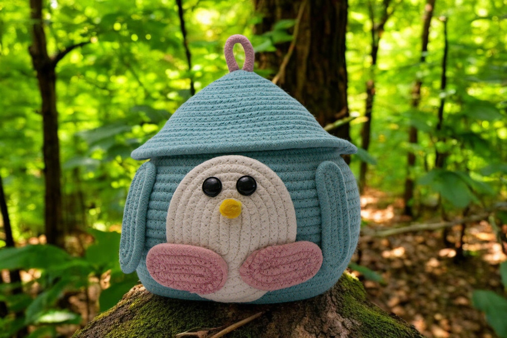 Penguin-Themed Woven Storage Basket with Lid