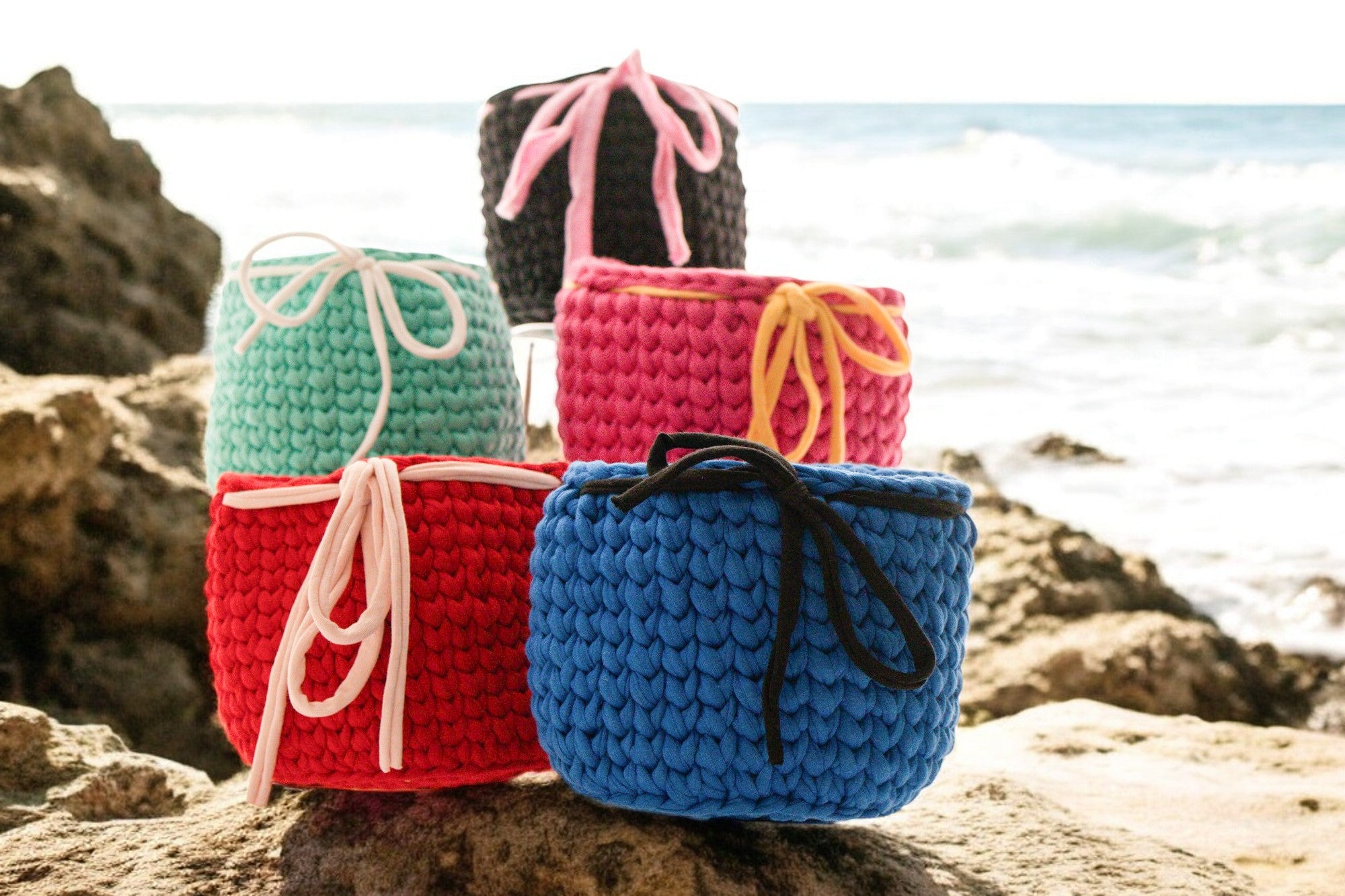 Handmade Crochet Storage Baskets with Drawstring Accent
