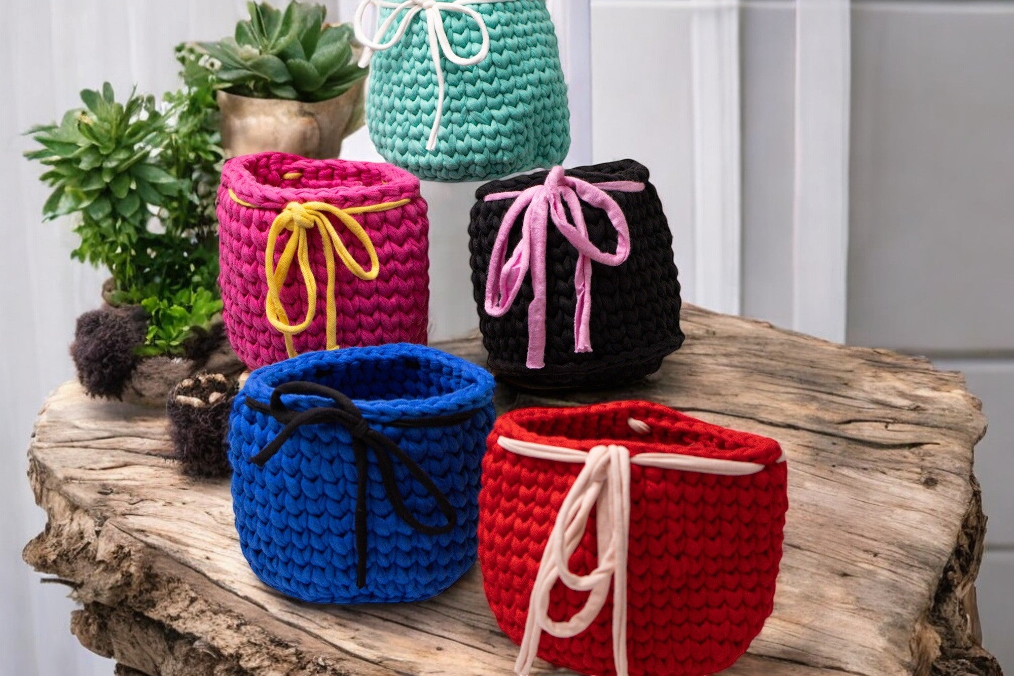 Handmade Crochet Storage Baskets with Drawstring Accent