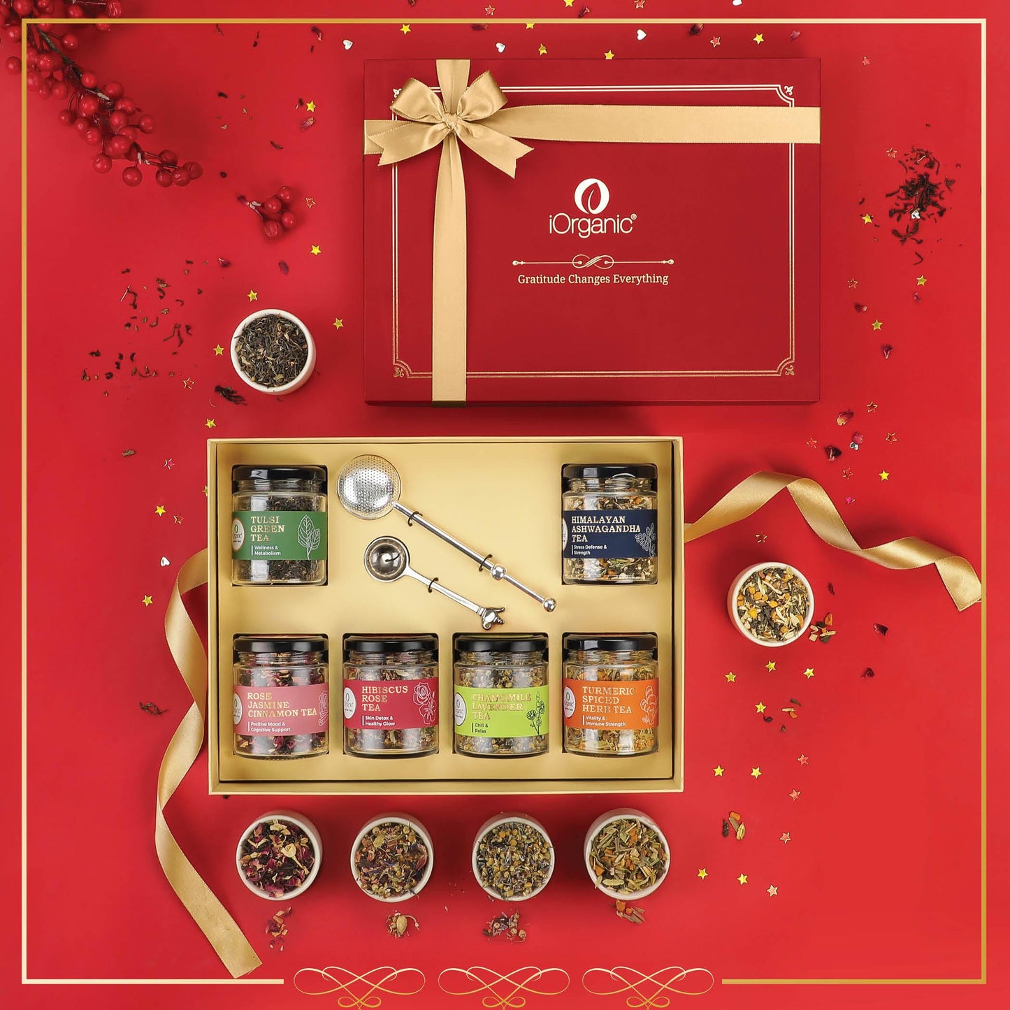 The Coastal Calm Tea Collection Box with 6 loose leaf wellness teas, nickel tea spoon, and telescopic brass strainer