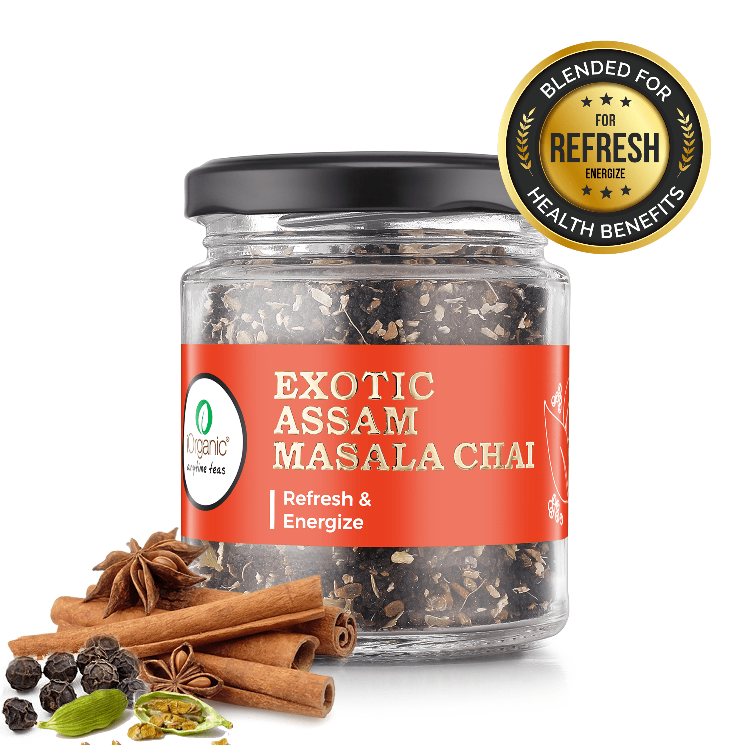 Exotic Assam Masala Chai black tea blend with 7 spices including ginger, cardamom, clove and cinnamon