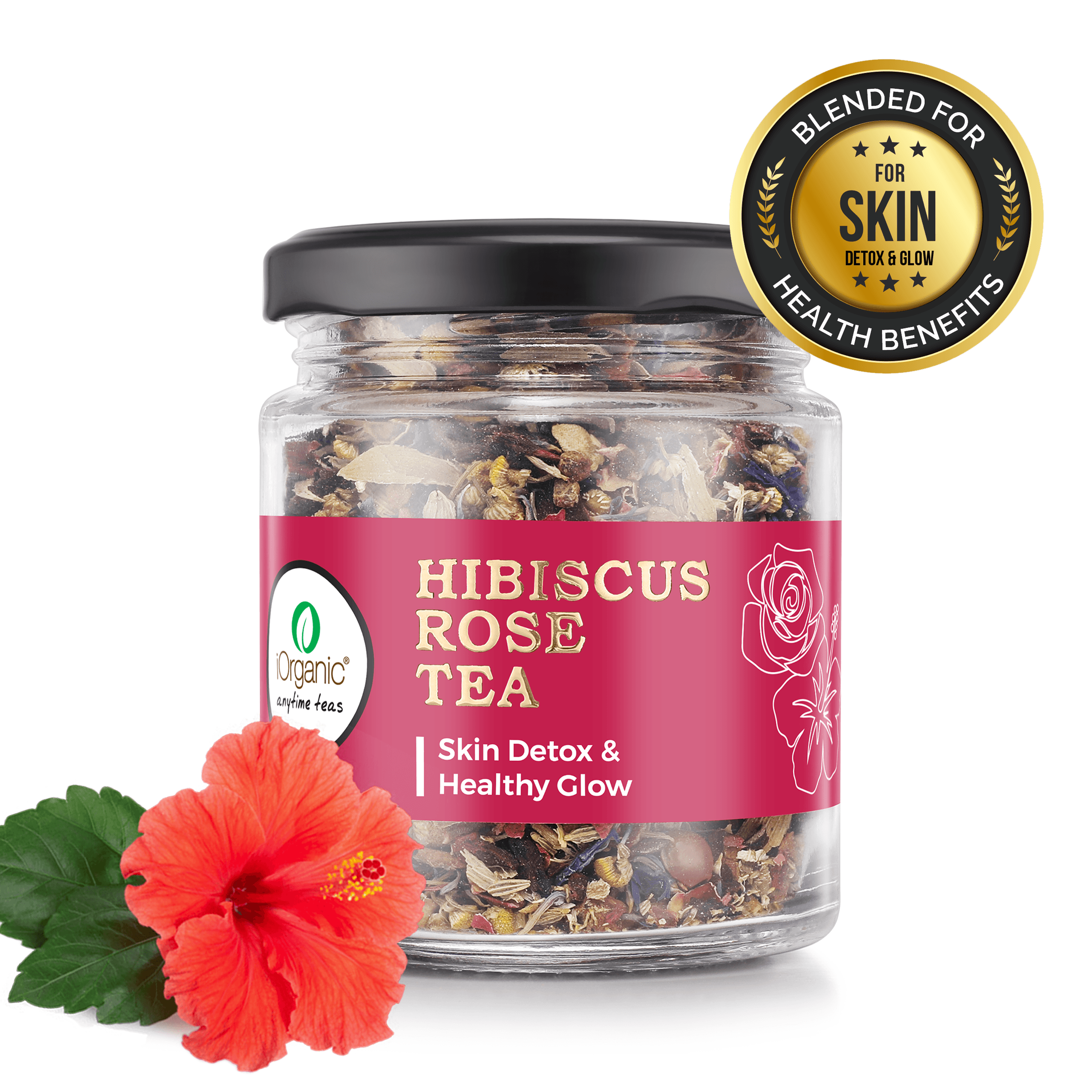 Hibiscus Rose Herbal Tea loose leaf blend with hibiscus, rose petals, chamomile, and spices for a floral caffeine-free brew
