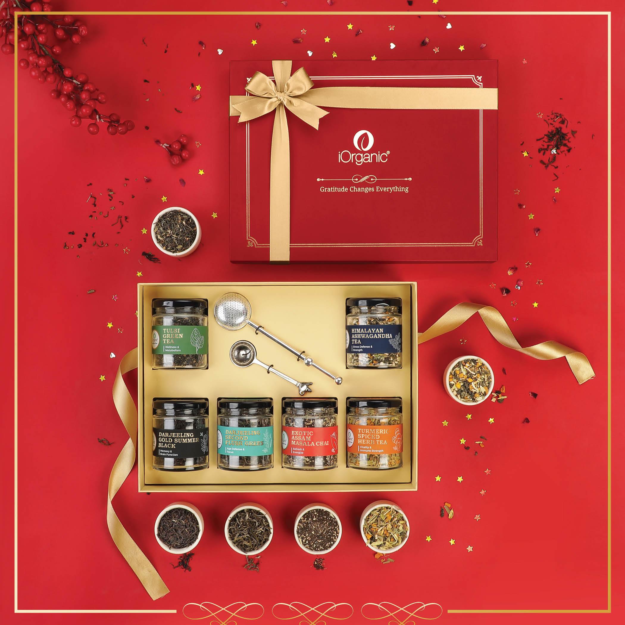 The Southern Leaf Tea Collection box with 6 wellness loose leaf teas, nickel tea spoon and telescopic brass strainer