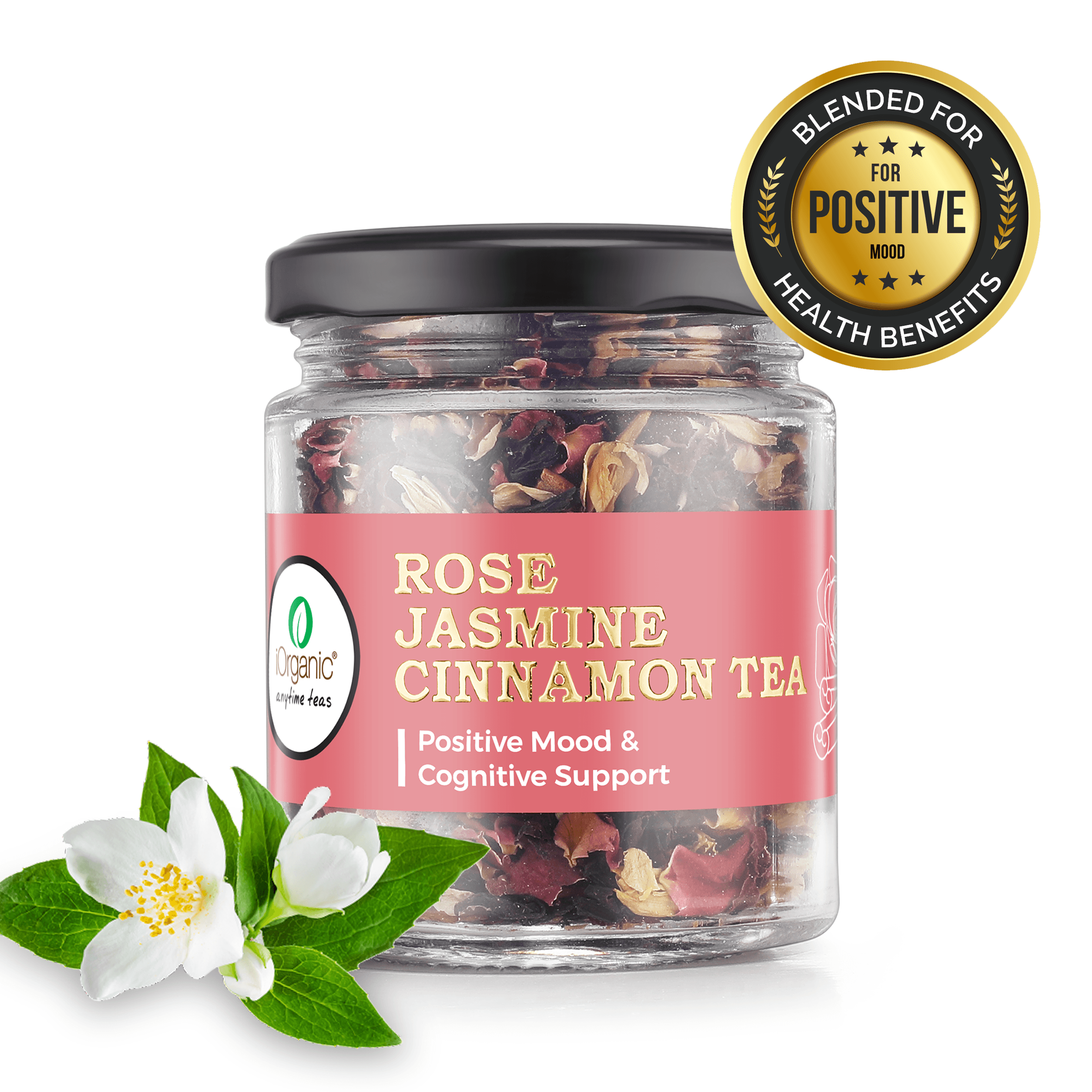 Rose Jasmine Cinnamon Tea loose leaf wellness tea with black tea, rose petals, jasmine, cinnamon, and cardamom