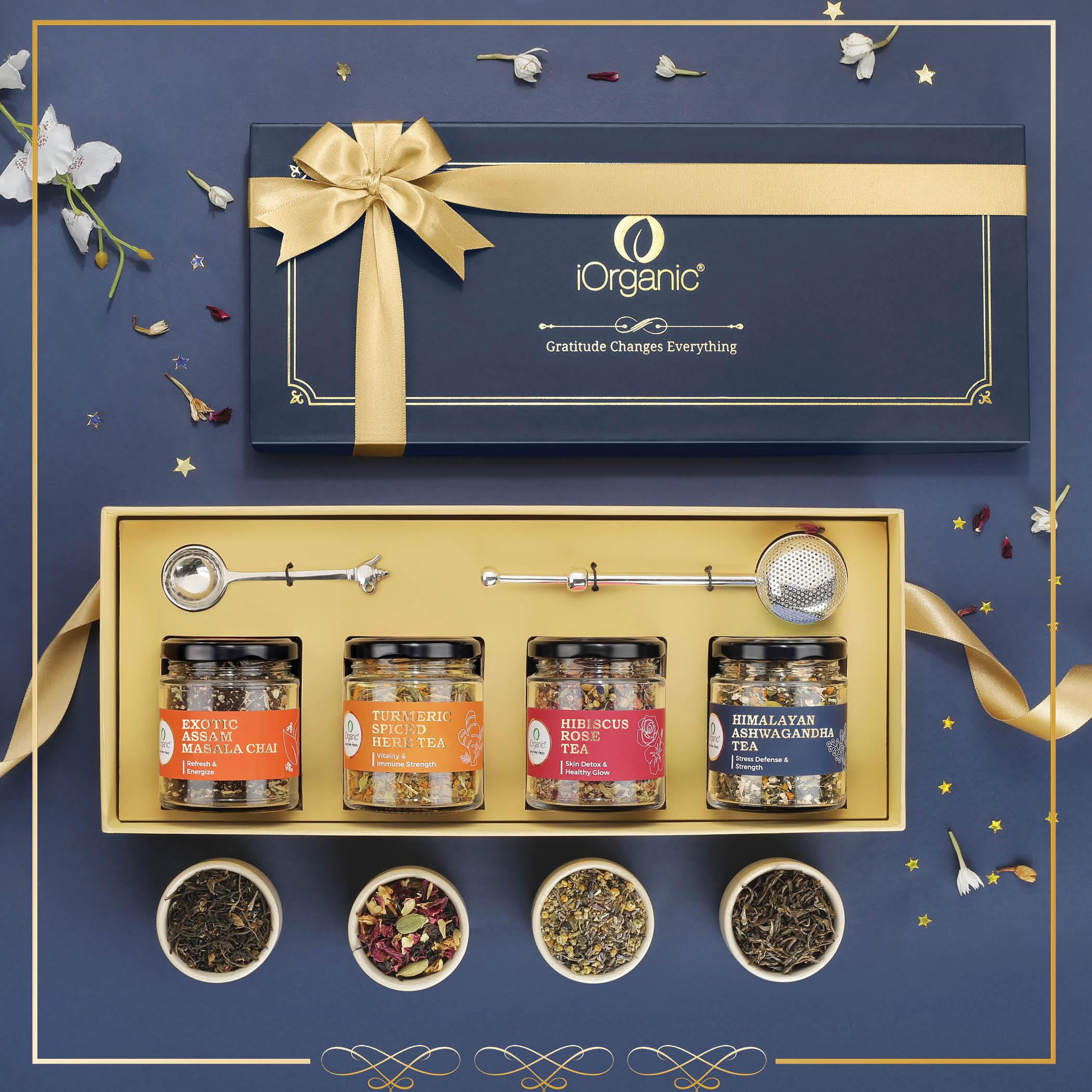 Utsav Royale Tea Collection gift box with 4 wellness teas, nickel tea spoon, and telescopic brass tea strainer