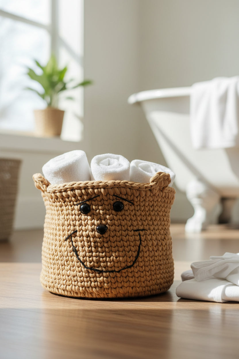 Smiley Bear Crochet Storage Basket